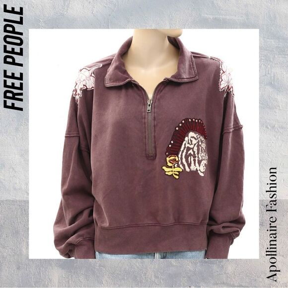 FREE PEOPLE SPORT SWEATSHIRT IN PURPLE COMBO NWT LARGE EMBELLISHED - Picture 5 of 7
